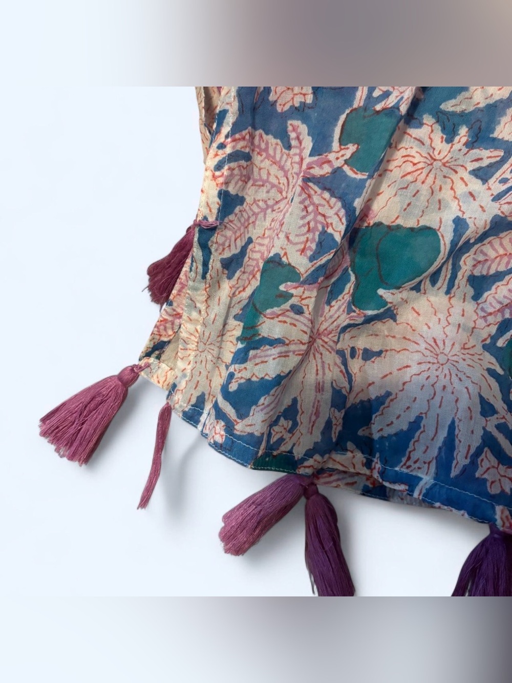 Oliphant Midi Kaftan Dress Sz Medium Cotton Voile Tassels Floral Resort Wear - Picture 3 of 7